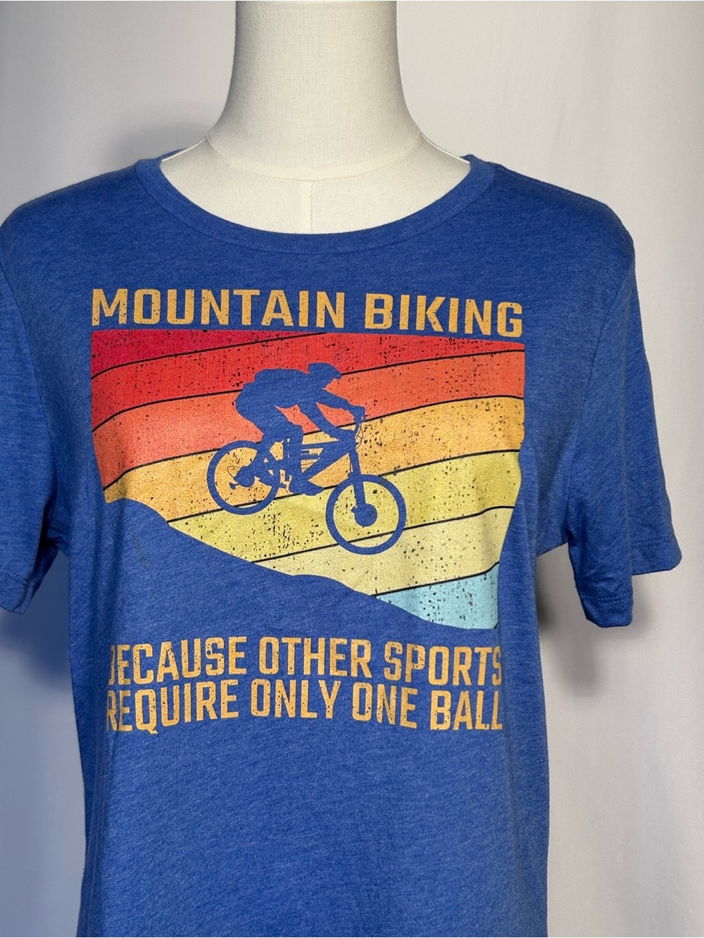 Bella Canvas Blue Mountain Biking Humorous Graphic Tee with Sunset Print Size M